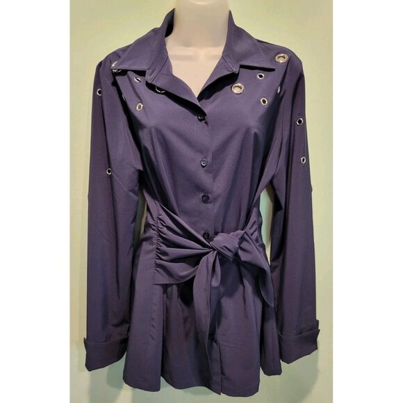 Joseph Ribkoff Navy Blue Grommet Long Sleeve Button Up Tie Waist Top Sz 8 - Picture 1 of 8